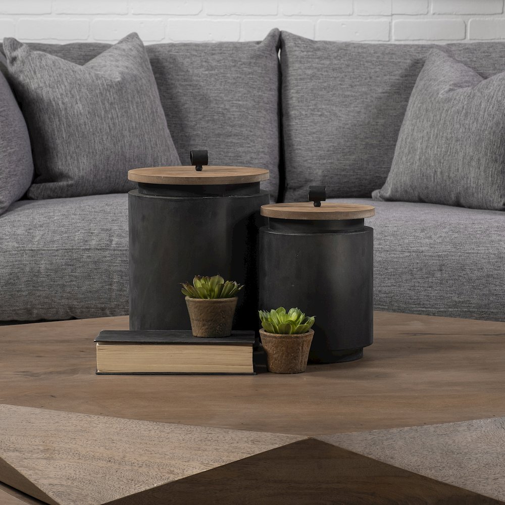 Cyril (Set of 2) Gray Metal Brown Wood Lids Jars. Picture 4