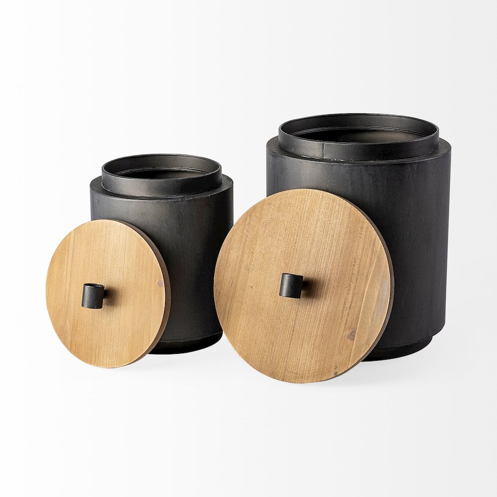 Cyril (Set of 2) Gray Metal Brown Wood Lids Jars. Picture 6