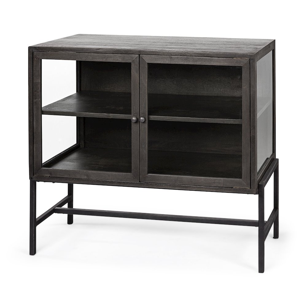 36L X 18W Black-Brown Wood, Black Metal Base 2 Glass Doors Accent Cabinet. Picture 1