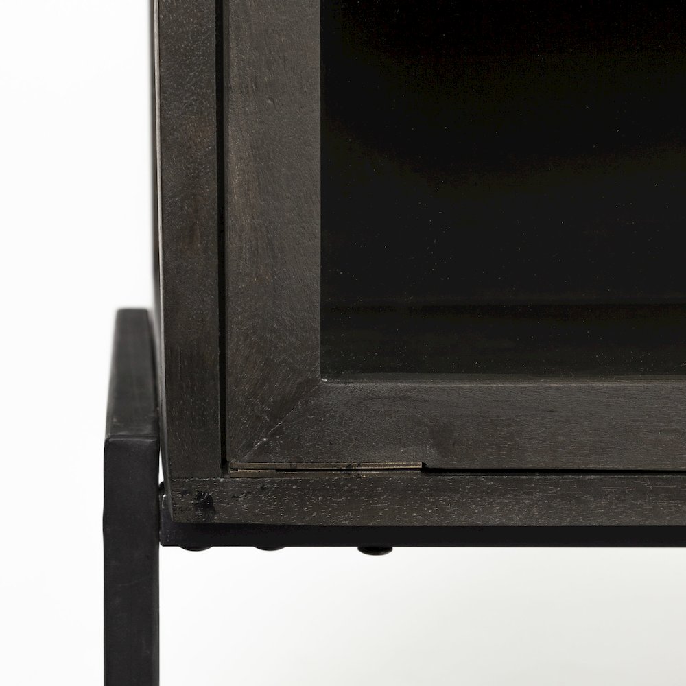 36L X 18W Black-Brown Wood, Black Metal Base 2 Glass Doors Accent Cabinet. Picture 4
