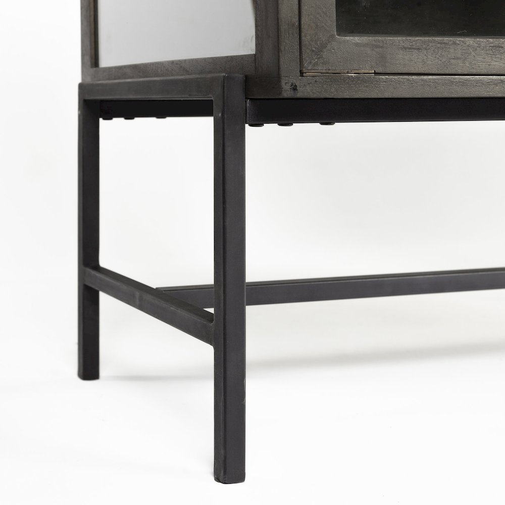 36L X 18W Black-Brown Wood, Black Metal Base 2 Glass Doors Accent Cabinet. Picture 5