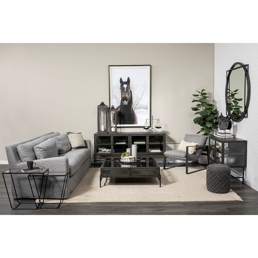 36L X 18W Black-Brown Wood, Black Metal Base 2 Glass Doors Accent Cabinet. Picture 6