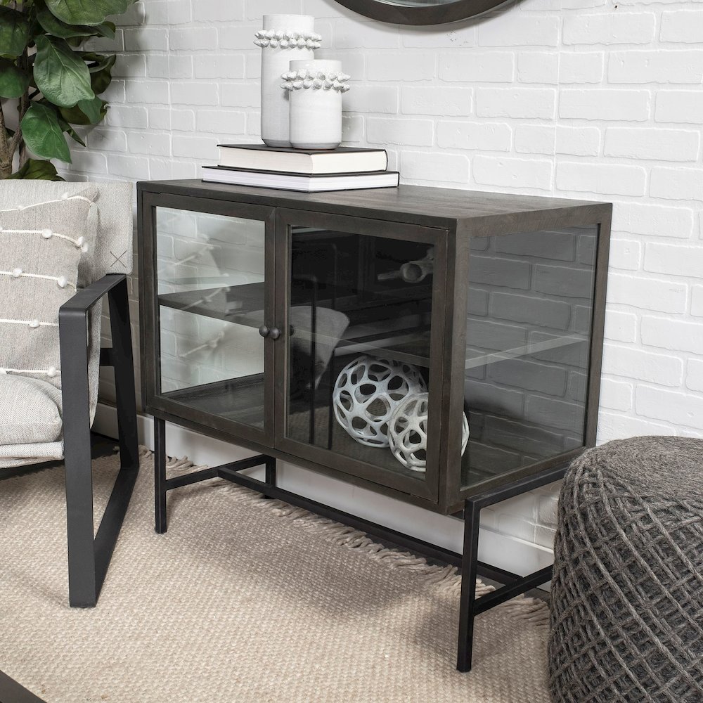 36L X 18W Black-Brown Wood, Black Metal Base 2 Glass Doors Accent Cabinet. Picture 8