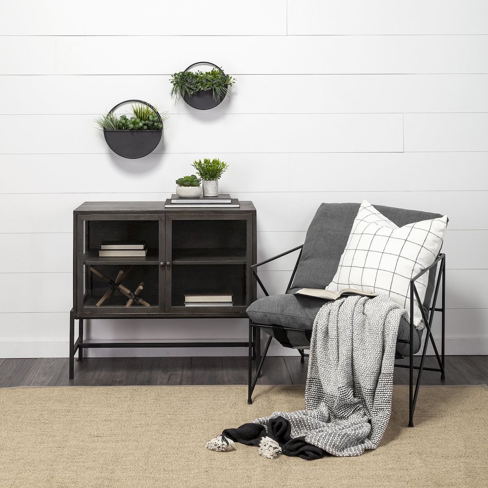 36L X 18W Black-Brown Wood, Black Metal Base 2 Glass Doors Accent Cabinet. Picture 9