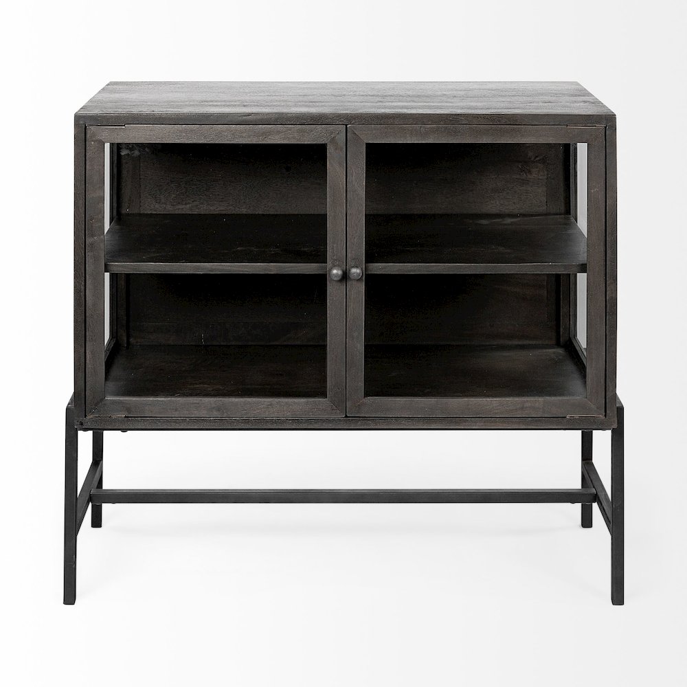 36L X 18W Black-Brown Wood, Black Metal Base 2 Glass Doors Accent Cabinet. Picture 10