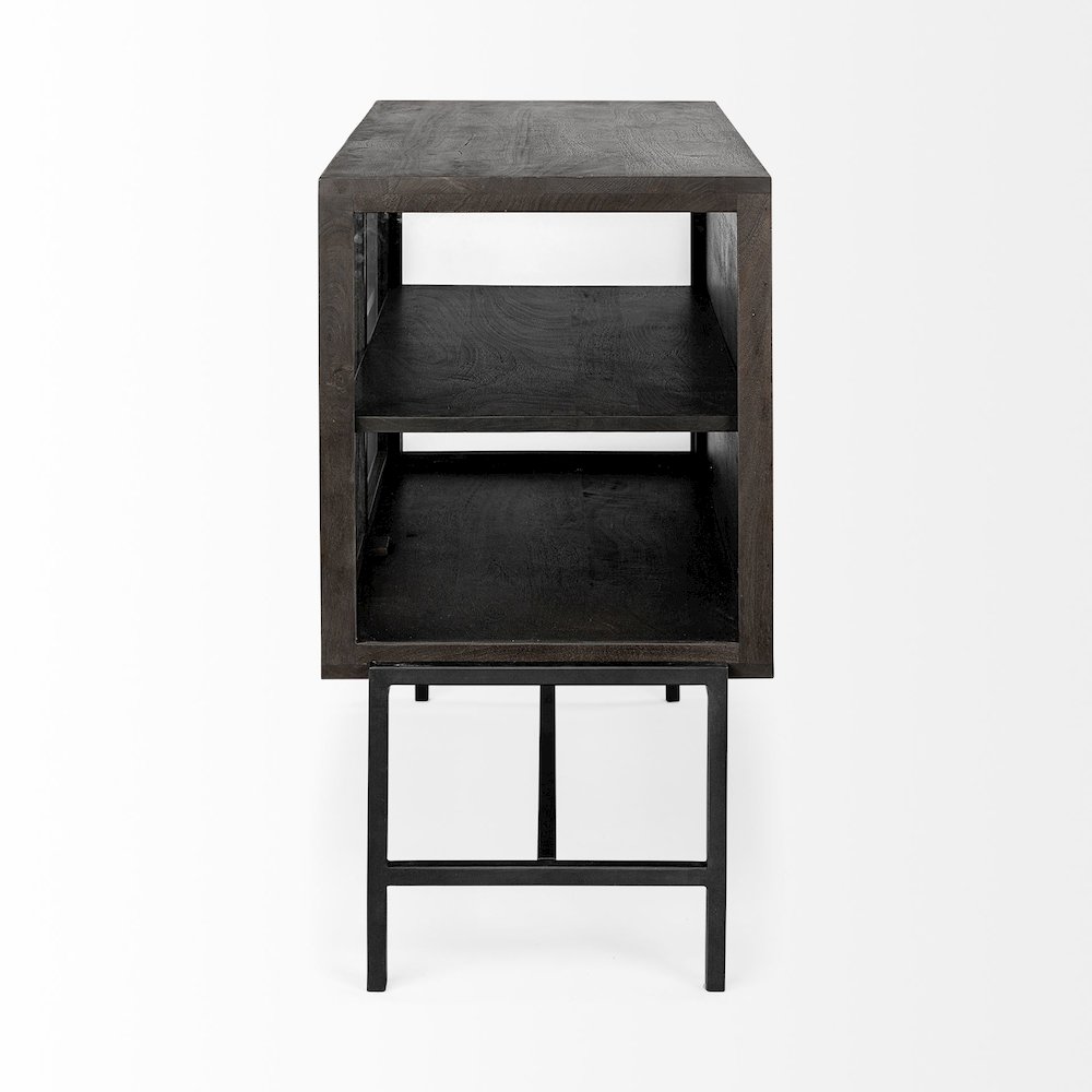 36L X 18W Black-Brown Wood, Black Metal Base 2 Glass Doors Accent Cabinet. Picture 11