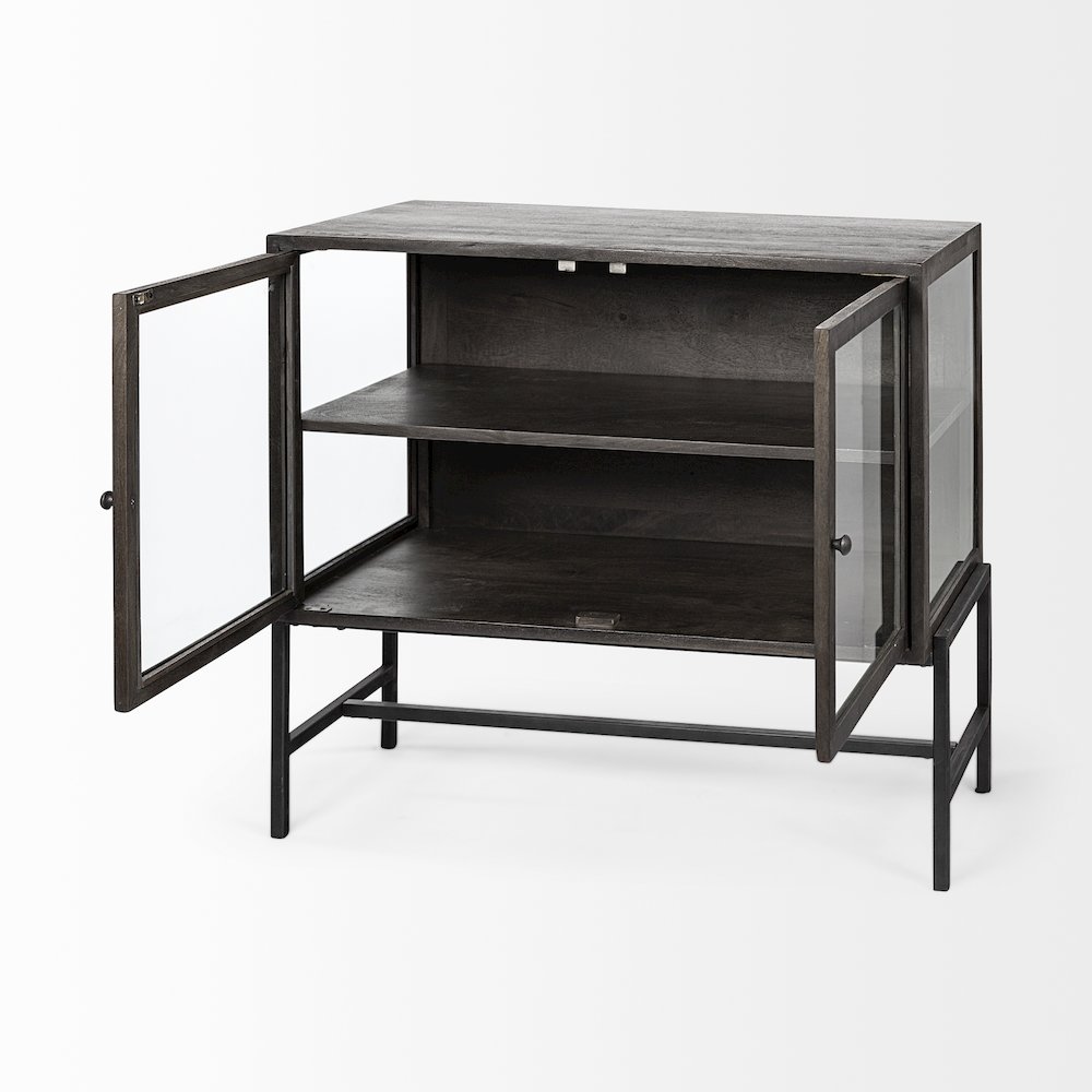 36L X 18W Black-Brown Wood, Black Metal Base 2 Glass Doors Accent Cabinet. Picture 12