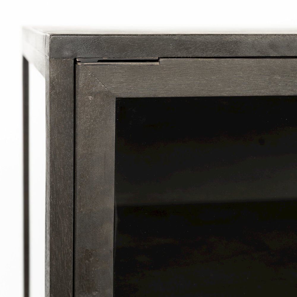 36L X 18W Black-Brown Wood, Black Metal Base 2 Glass Doors Accent Cabinet. Picture 13
