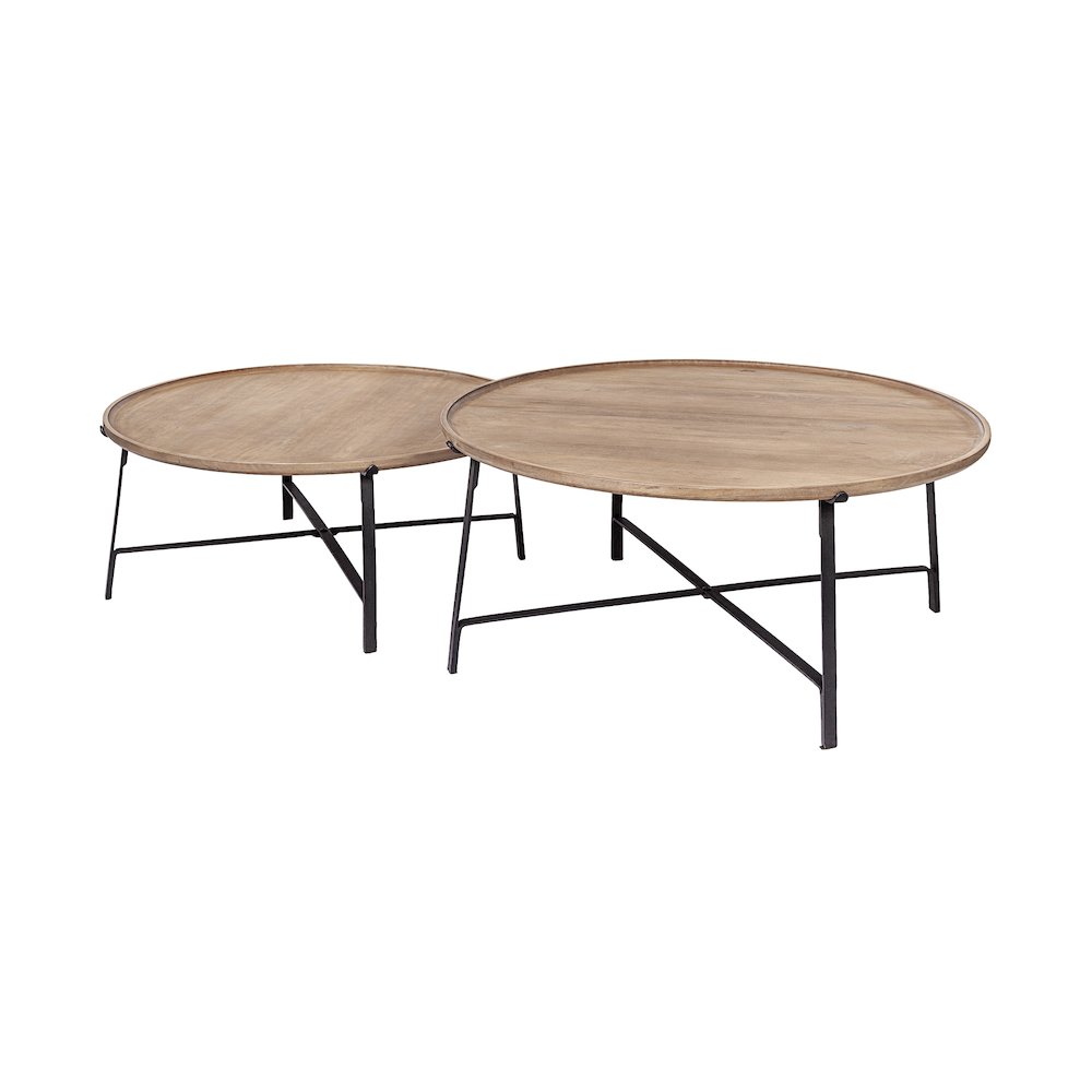 (Set Of 2) Brown Solid Wood Top Black Metal Base Nesting Coffee Tables. Picture 1