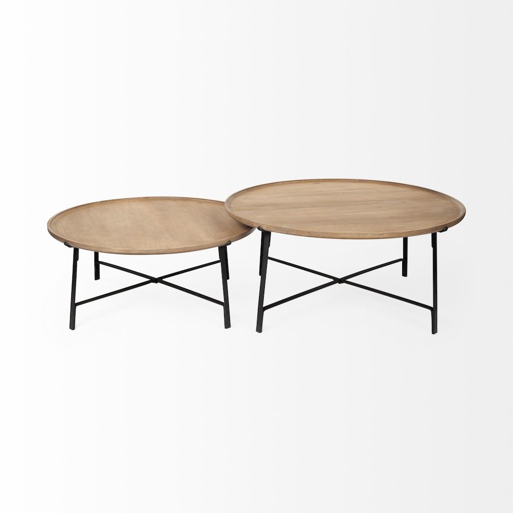 (Set Of 2) Brown Solid Wood Top Black Metal Base Nesting Coffee Tables. Picture 3
