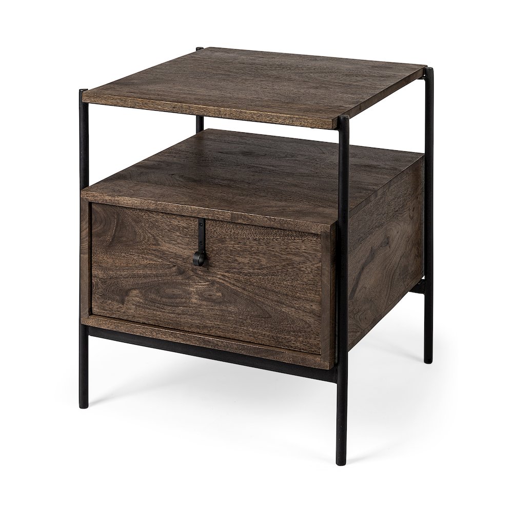 Glenn 20L x 21W x 24H Dark Brown Wood Black Iron Frame Square End/Side Table. Picture 1