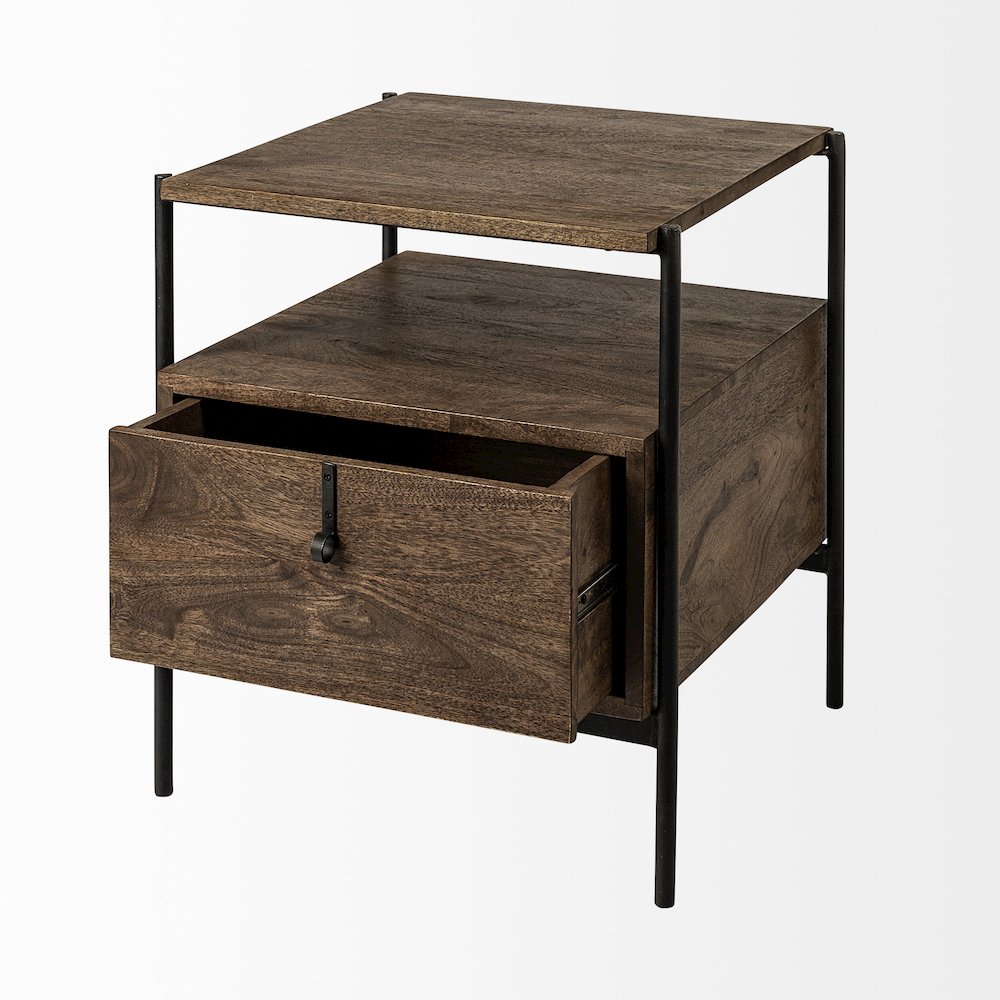 Glenn 20L x 21W x 24H Dark Brown Wood Black Iron Frame Square End/Side Table. Picture 13