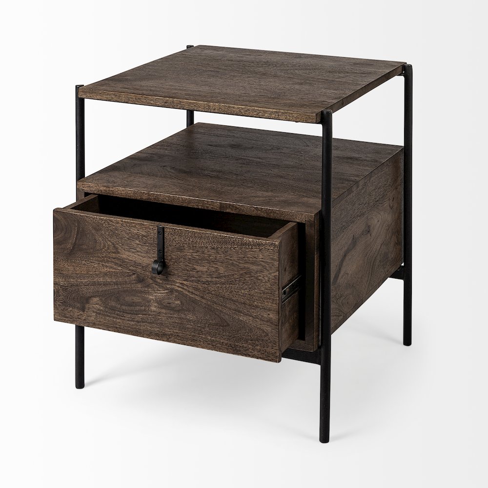 Glenn 20L x 21W x 24H Dark Brown Wood Black Iron Frame Square End/Side Table. Picture 14
