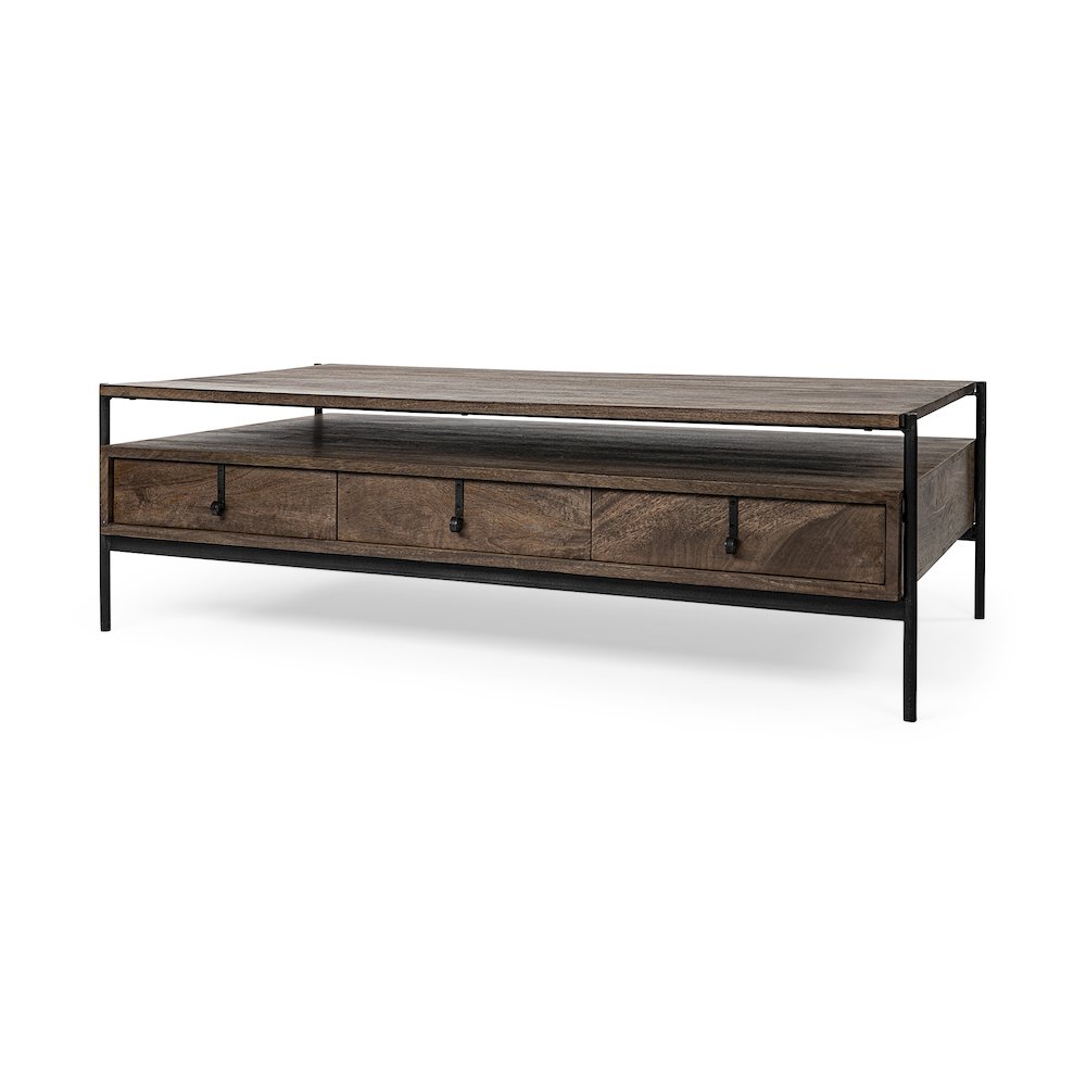 54X30 Dark Brown Wood Black Iron Frame, Rectangle 3 Drawers Coffee Table. Picture 1