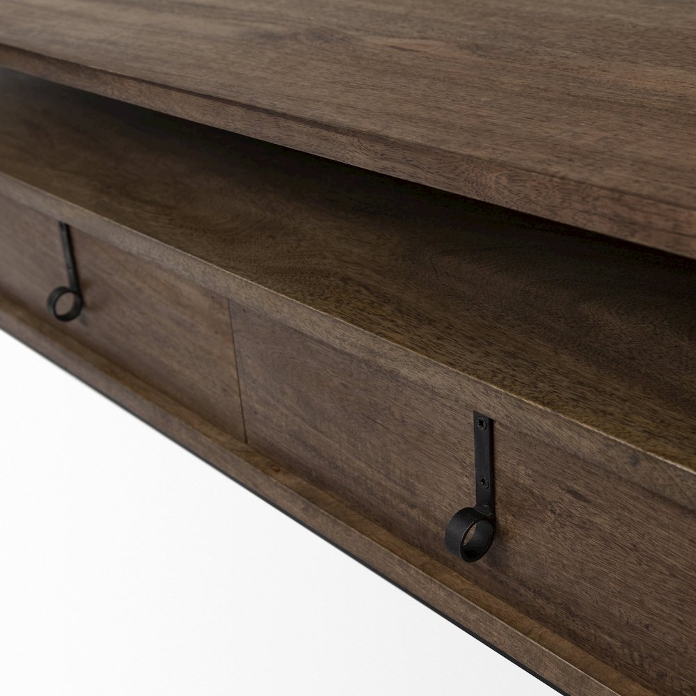 54X30 Dark Brown Wood Black Iron Frame, Rectangle 3 Drawers Coffee Table. Picture 2