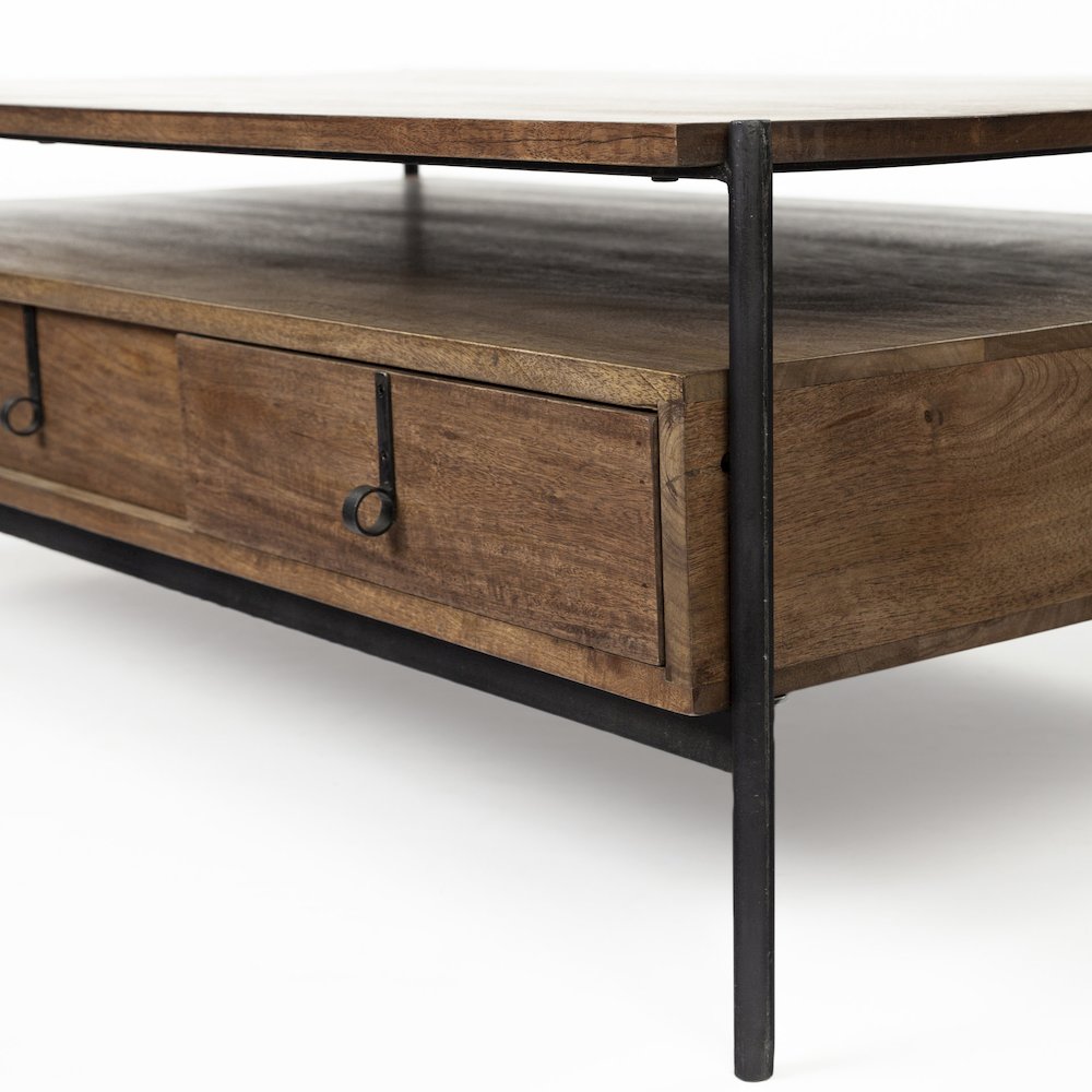 54X30 Dark Brown Wood Black Iron Frame, Rectangle 3 Drawers Coffee Table. Picture 4