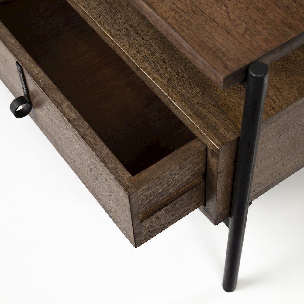 54X30 Dark Brown Wood Black Iron Frame, Rectangle 3 Drawers Coffee Table. Picture 5