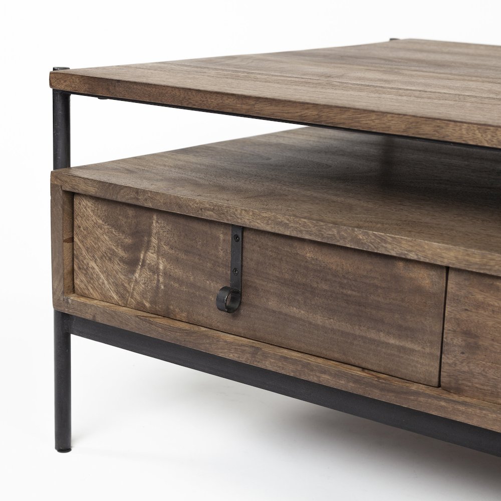 54X30 Dark Brown Wood Black Iron Frame, Rectangle 3 Drawers Coffee Table. Picture 6