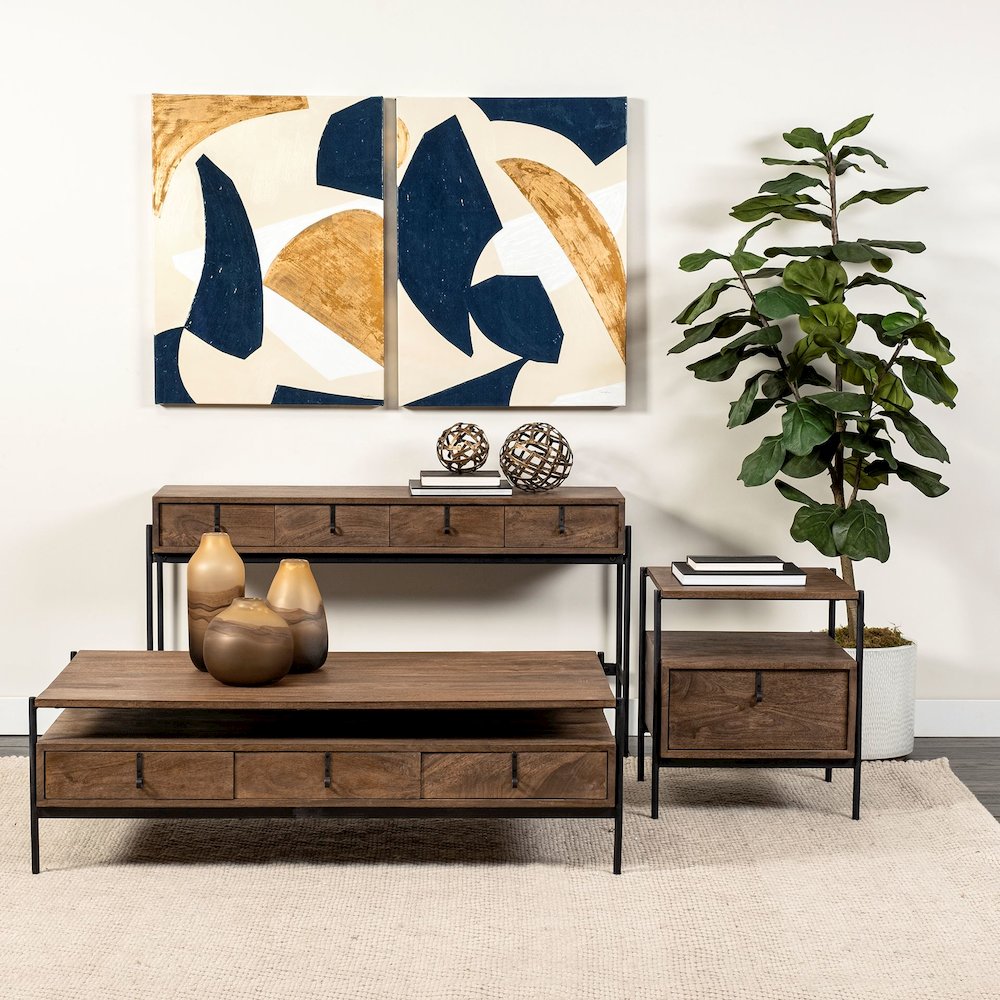 54X30 Dark Brown Wood Black Iron Frame, Rectangle 3 Drawers Coffee Table. Picture 7