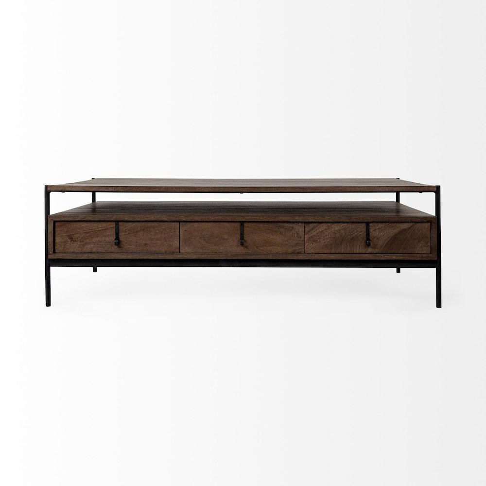 54X30 Dark Brown Wood Black Iron Frame, Rectangle 3 Drawers Coffee Table. Picture 11