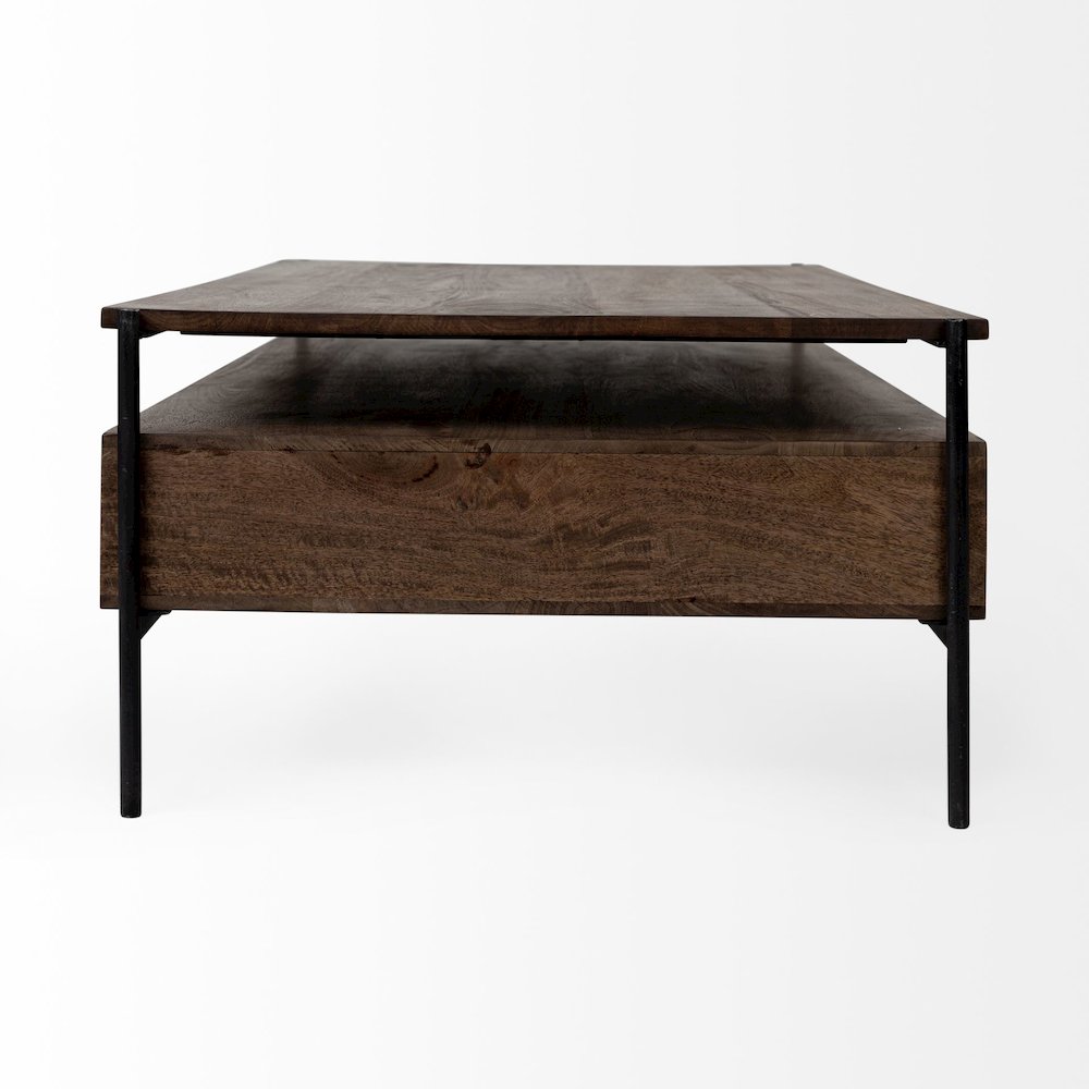 54X30 Dark Brown Wood Black Iron Frame, Rectangle 3 Drawers Coffee Table. Picture 12