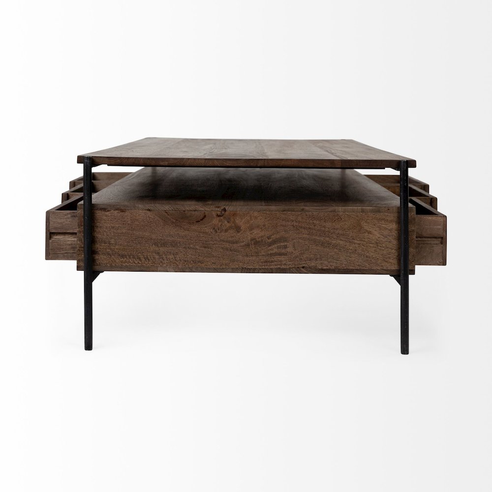 54X30 Dark Brown Wood Black Iron Frame, Rectangle 3 Drawers Coffee Table. Picture 13