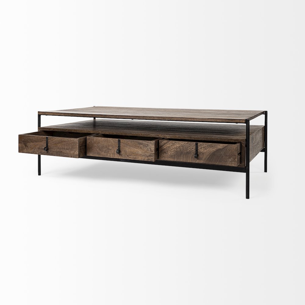 54X30 Dark Brown Wood Black Iron Frame, Rectangle 3 Drawers Coffee Table. Picture 14