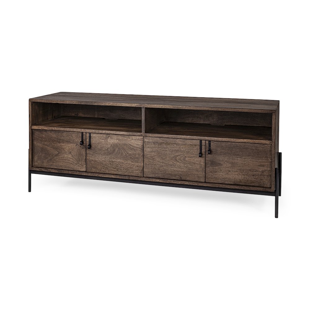 Glenn IV Dark Brown Wood Black Iron Frame Media Console Storage, TV Stand. Picture 1