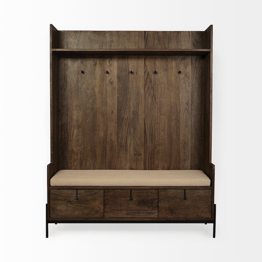 Glenn V 56L x 17W Dark Brown Wood Cream Fabric Seat, 3 Drawers Hall Tree. Picture 9