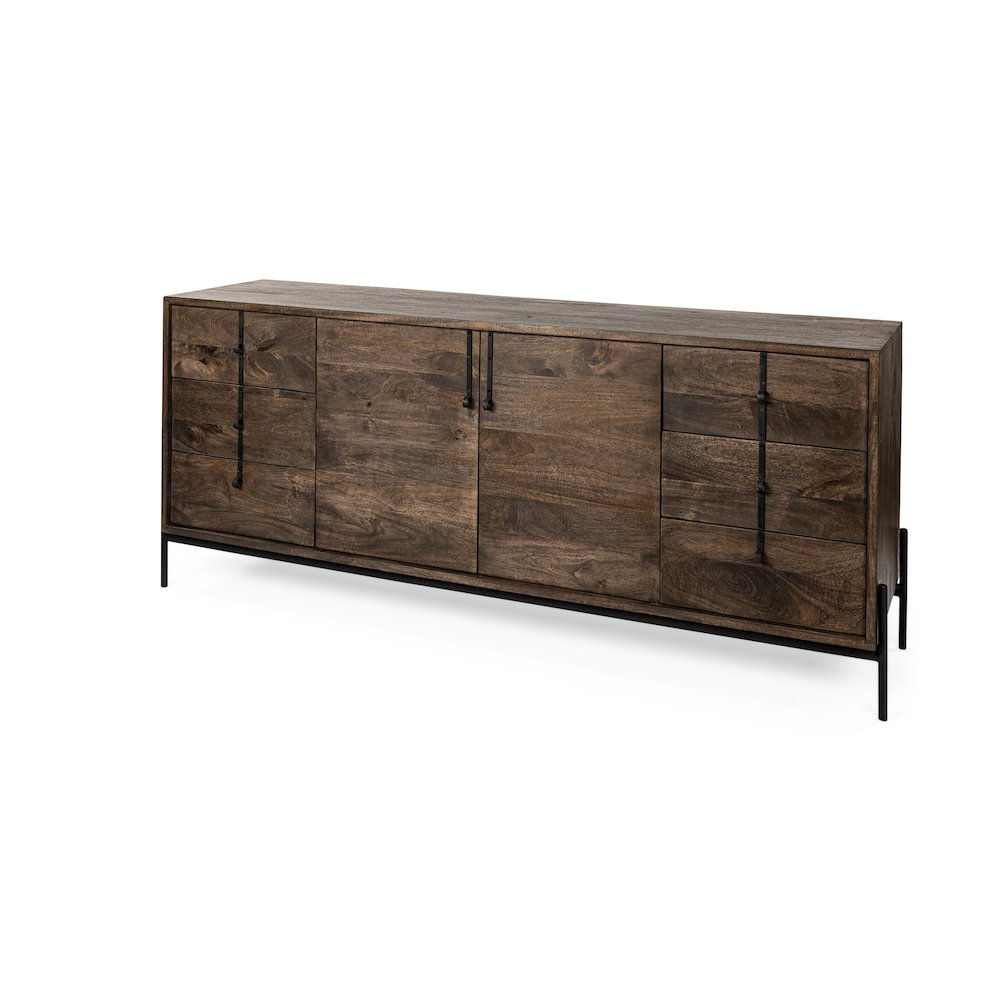 Dark Brown Wood Frame Black Iron Accent, 6 Drawer, 2 Door Cabinet Sideboard. Picture 1