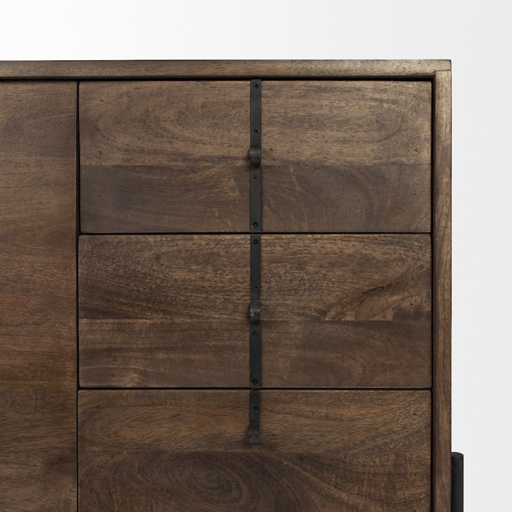 Dark Brown Wood Frame Black Iron Accent, 6 Drawer, 2 Door Cabinet Sideboard. Picture 3