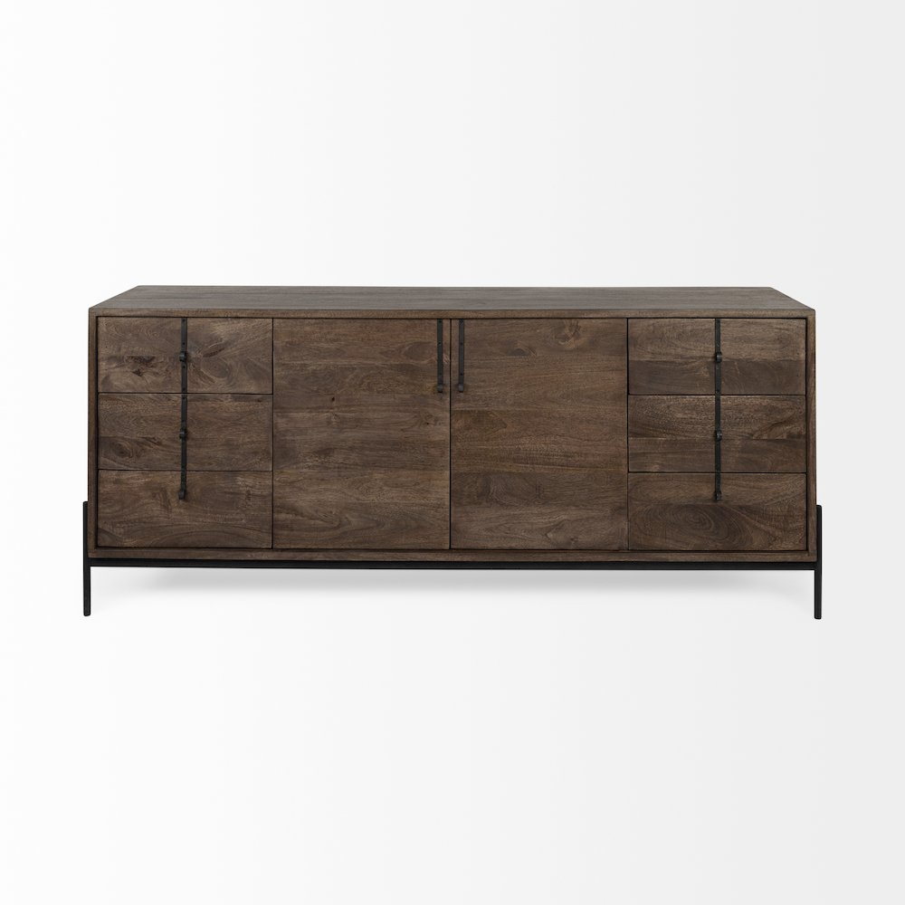 Dark Brown Wood Frame Black Iron Accent, 6 Drawer, 2 Door Cabinet Sideboard. Picture 7