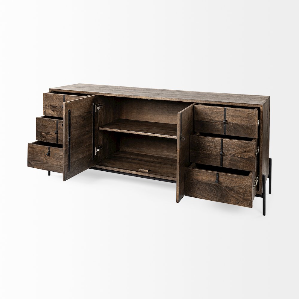 Dark Brown Wood Frame Black Iron Accent, 6 Drawer, 2 Door Cabinet Sideboard. Picture 10