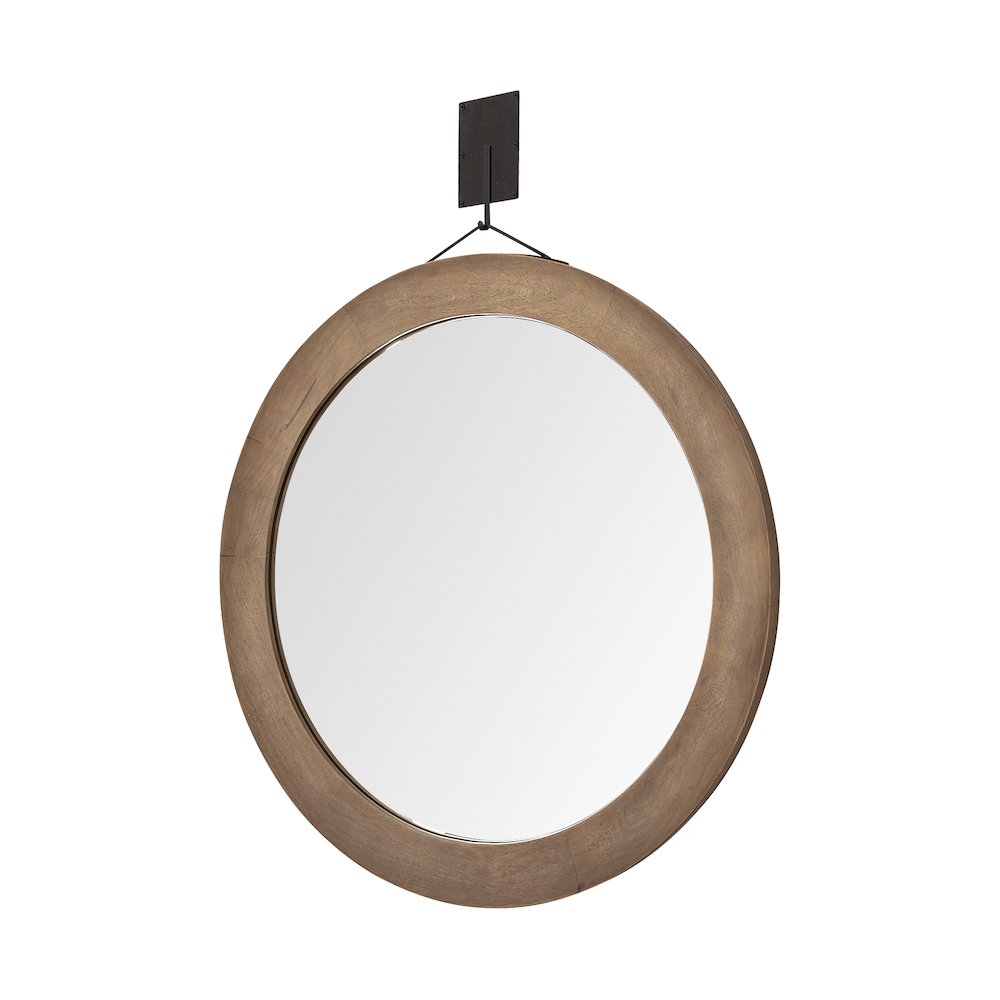 Avram 43.5" Round Brown Wood Frame Mirror. Picture 1