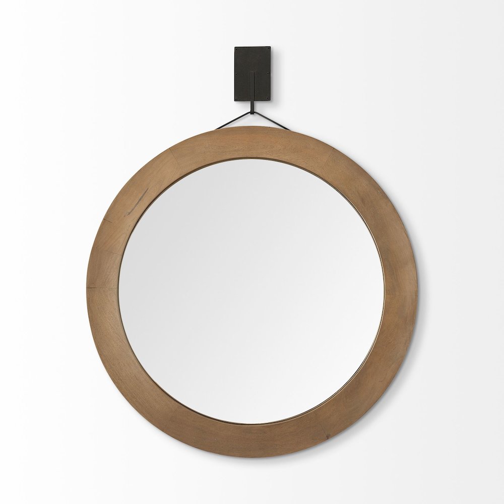 Avram 43.5" Round Brown Wood Frame Mirror. Picture 3