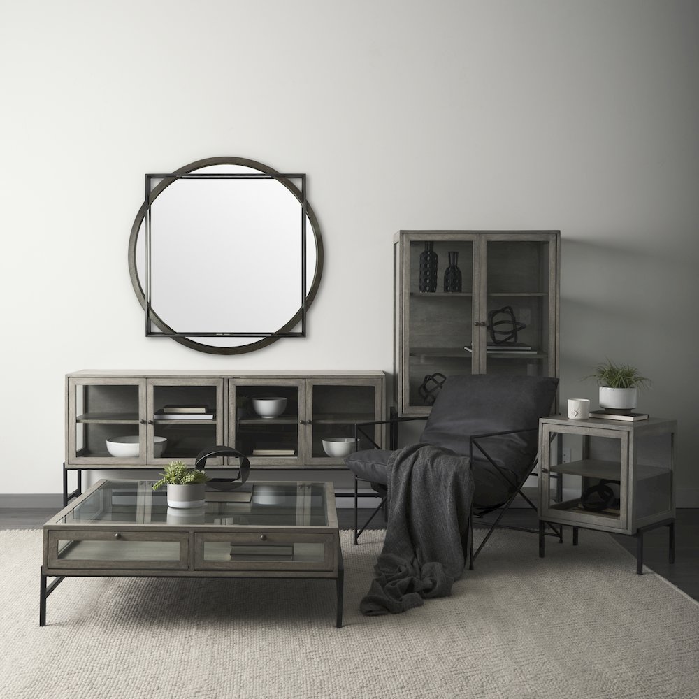 Norbert 46" Round-Square Black Wood/Metal Frame Mirror. Picture 3