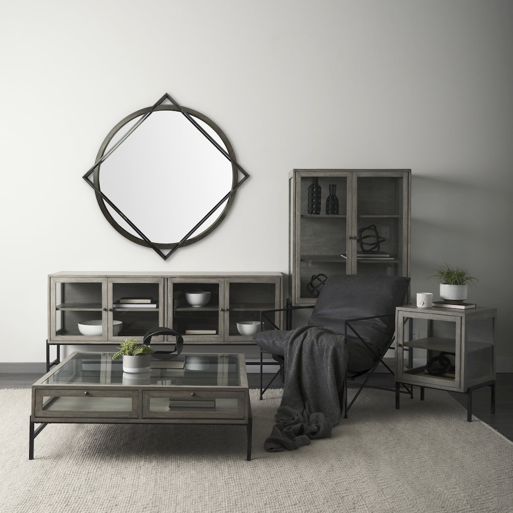 Norbert 46" Round-Square Black Wood/Metal Frame Mirror. Picture 4