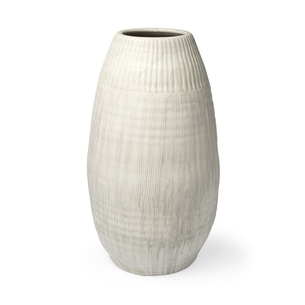Reyan Large 28.5" Pearl White Ceramic Striped Vase. Picture 1