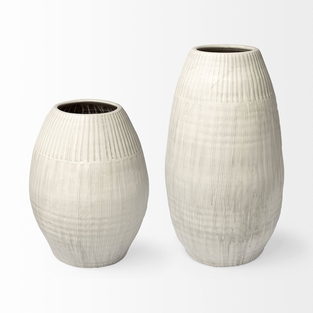 Reyan Large 28.5" Pearl White Ceramic Striped Vase. Picture 7