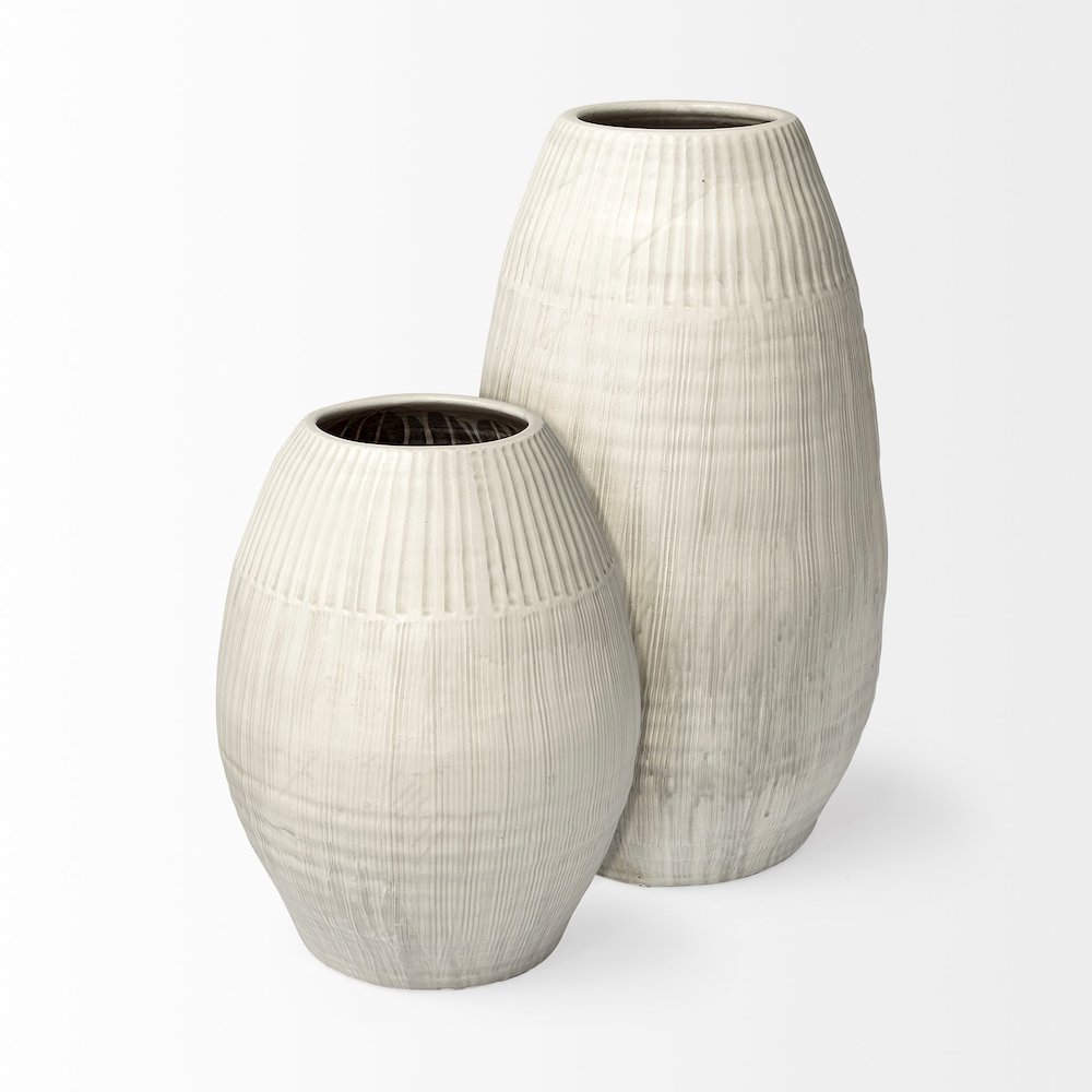 Reyan Large 28.5" Pearl White Ceramic Striped Vase. Picture 8