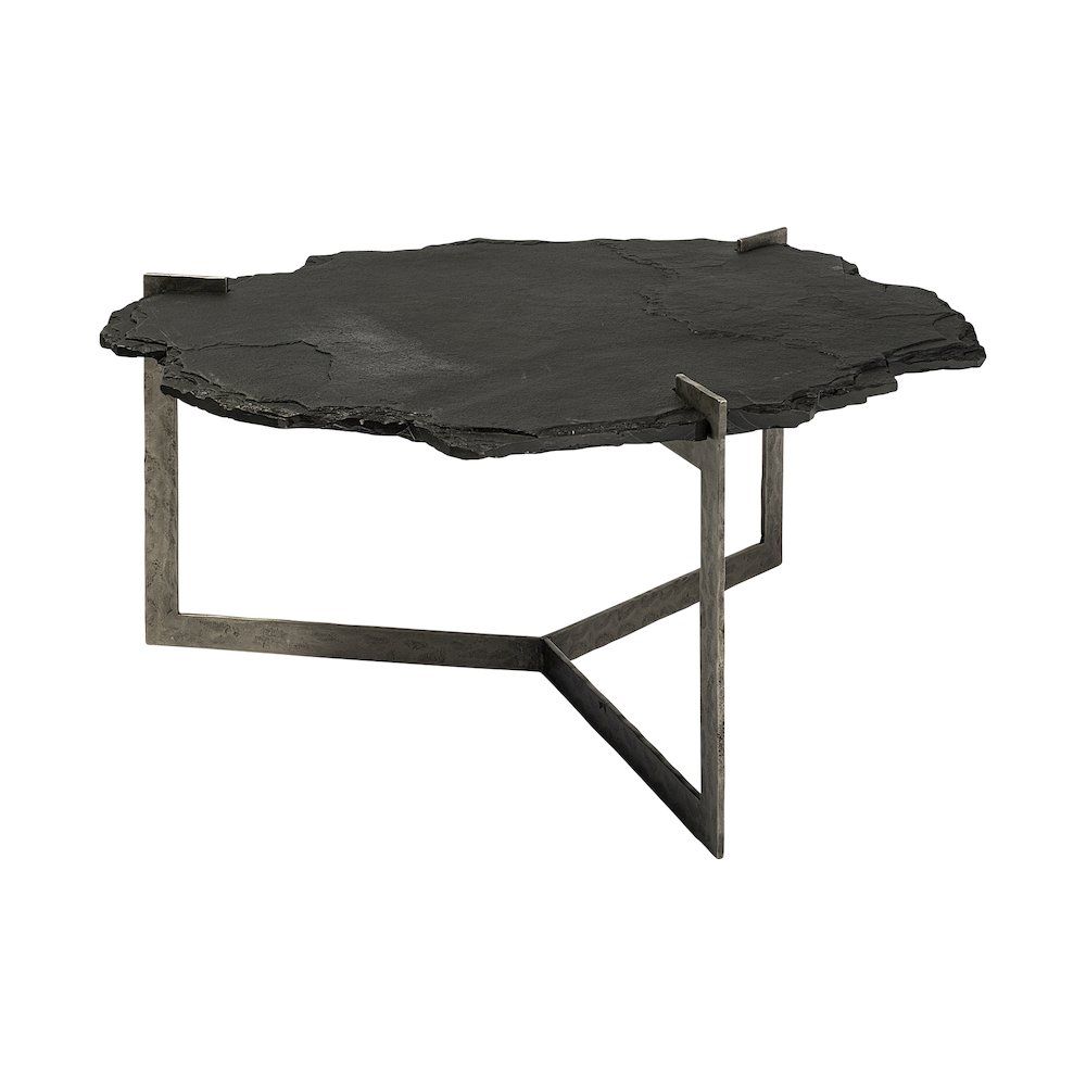 37" Irregular Live-Edge Black Slateflat Iron Base Coffee Table. Picture 1