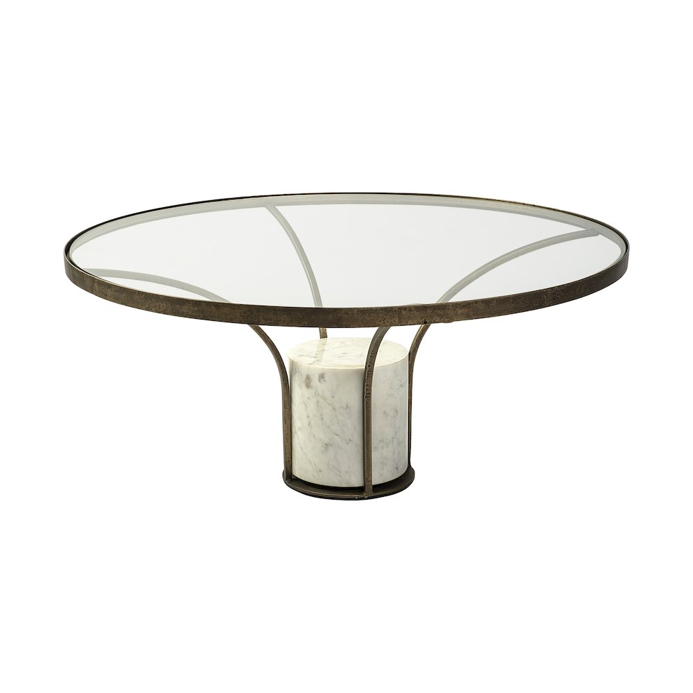 36" Round Glass Top Metal And Marble Pedestal Coffee Table. Picture 1