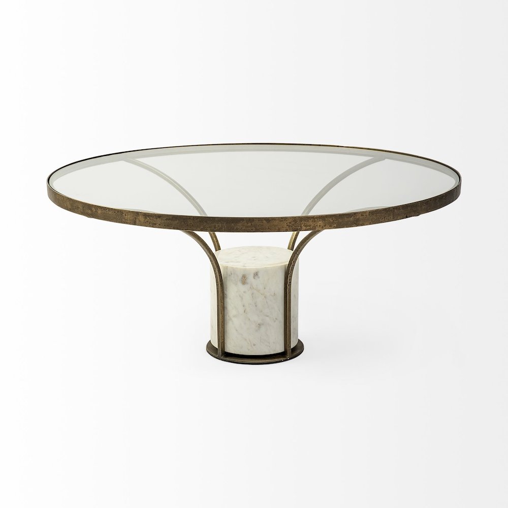 36" Round Glass Top Metal And Marble Pedestal Coffee Table. Picture 3
