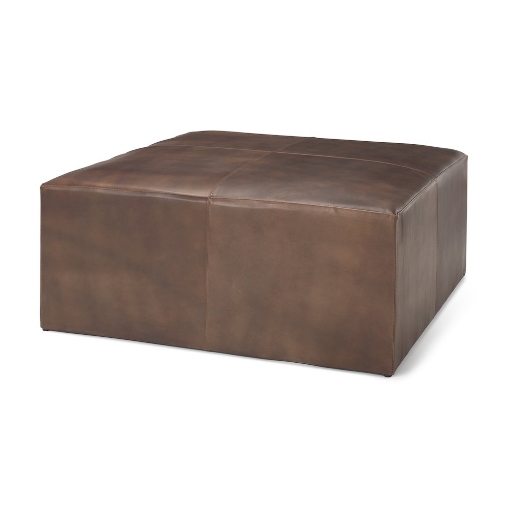 Minara 36" Square Brown Leather WrappedWood Base Ottoman. Picture 1
