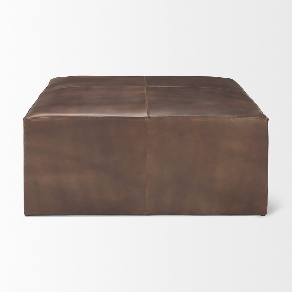 Minara 36" Square Brown Leather WrappedWood Base Ottoman. Picture 3
