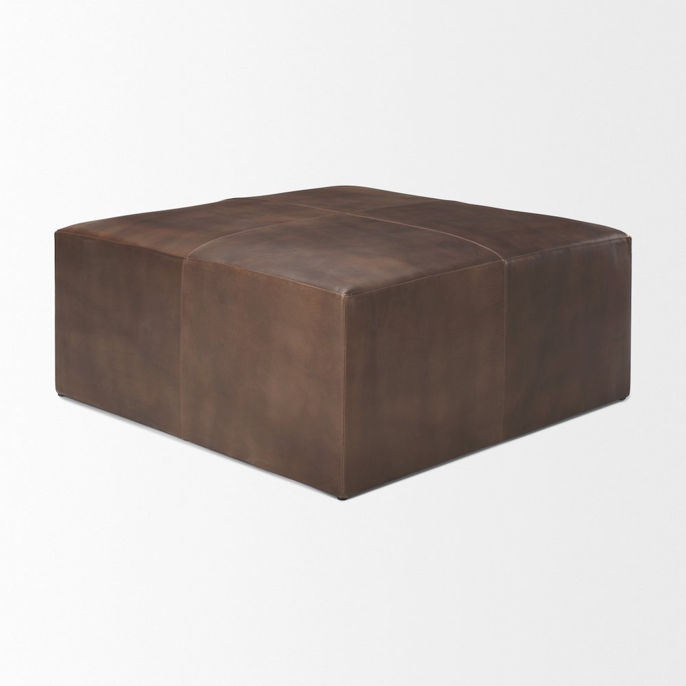 Minara 36" Square Brown Leather WrappedWood Base Ottoman. Picture 4