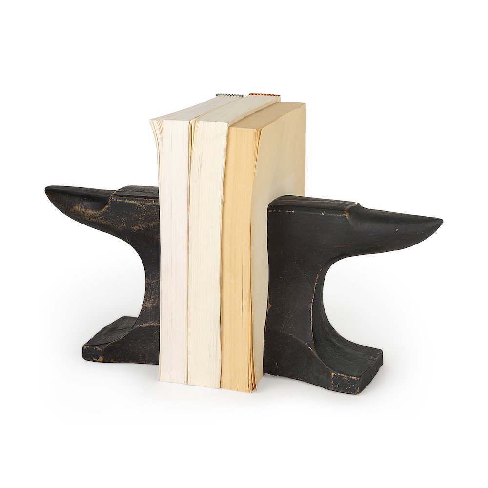 (Set Of 2) 12L X 4W Black With Gold Accents Anvil Shaped Bookends. Picture 1