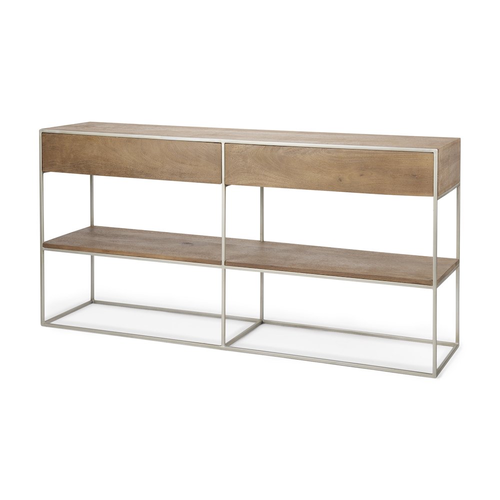 Brown Wood Silver Metal Frame 2 Drawer Console Table. Picture 1