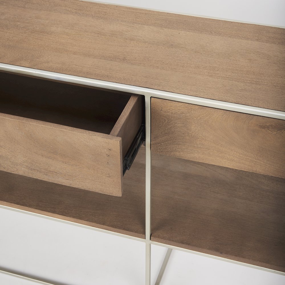 Brown Wood Silver Metal Frame 2 Drawer Console Table. Picture 3