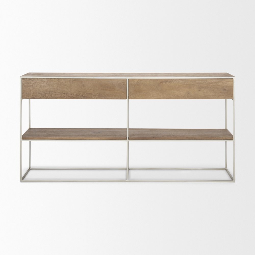 Brown Wood Silver Metal Frame 2 Drawer Console Table. Picture 8